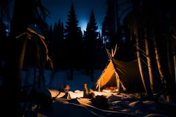 snow-covered forest at night. Bonfire in the hut. A wolf is sitting in front of the hut