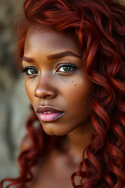 Incredibly beautiful red haired African woman with freckles. wavy hair, raw photo