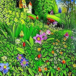 beautiful spring patchwork in the style of Raymond Briggs, Laurel Burch, Randolph Caldecott, Picasso. Modifiers: extremely detailed fantasy oil on canvas very attractive imperial colors fantastic view 4K 3D focused