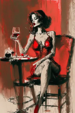 elegant beautiful brown-haired woman in red and black lace lingerie with crossed legs, proudly sitting on a chair, cigarette in her right hand, a glass of red wine on a table next to her, her lips are red, surrealist, smooth, pop, accentuate, faded glow, morning, bright, fine art, push, structure, silhouette, pencil sketch by Jean Cocteau fantasy high definition crisp quality in sunshine