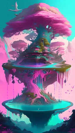 a place with a gigantic tree in the middle on which sits a house, the tree being the center of the realm, and having light symbols all over the trunk it has waterfalls all around from the pink and teal leaves which turn lowed into islands and so forth, a dimension with many floating islands including one made from water