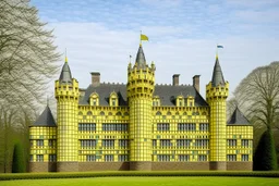 A pale greenish yellow castle made out of bricks designed in medieval tapestry painted by Piet Mondrian