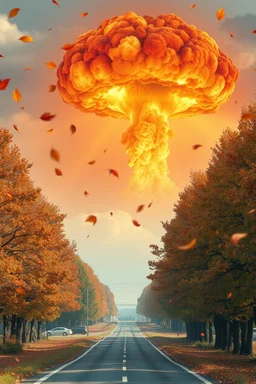 top right corner is a nuclear explosion cloud, top of explosion looks like a autumn tree full of leaves, add leaves falling everywhere in foreground, bottom 2/3 is a road through a road, a wind is blowing away from the tree. a commercial building is on the middle left