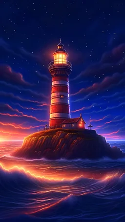 On a starry night by the seaside, a towering lighthouse stands against the dark horizon, its beacon transformed into a vibrant cascade of fiery hues, Intricate, renderdetailed, high-resolution, highfantasy, perfect composition, digital art