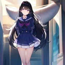 Clear focus, High resolution, Long fluffy black hair, Purple eyes, Wearing a sailor uniform, must be wearing a short skirt, 2 puffy big tails hanging behind her back