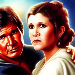 middle age carrie fisher embracing harrison ford in star wars, waist up portrait, photorealistic faces, intricate, masterpiece, expert, insanely detailed, 4k resolution, cinematic smooth, intricate detail , soft smooth lighting, soft pastel colors,