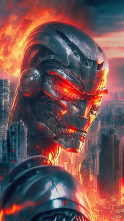 chrome cyborg , glowing red eyes, city in flames in the background