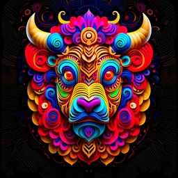 logo design, complex, trippy, bunchy, 3d lighting, Buffalo, highly detailed face,, colorful floral scarf, cut off, ancient, symmetrical, papercut