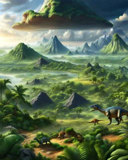 Paisaje de la tierra en la época de los dinosaurios, diferentes clases de dinosaurios, calidad ultra, hiperdetallado, 64k