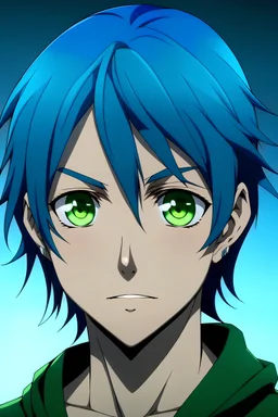 A 40-year-old anime boy with indigo blue hair and dark green eyes