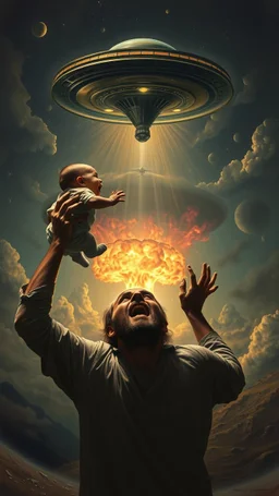 Bosch painting style nightmare, a man screaming holding a baby up toward a ufo spaceship, in the background a nuclear explosion in the rear view , dramatic sad scene, fantasy, scary.