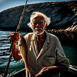 A picture of an elderly man who catches fish in the ocean, with sunlight showing the roughness of his skin.