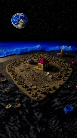 bird's eye view of shipwreck, seashore, moonlit night, foam waves, stands out an ancient crown set with ruby and different indecipherable coins between salt and sand, a wig, gloves, a compass , an abacus, kodak, fuji film, hgtv, 12k ursa, cinematic