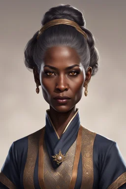 49-year-old sorceress, brown eyes and dark skin, salt and pepper hair tied up in a serious bun, dressed in a fancy diplomatic tunic, with a serious look.