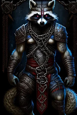 Rpg Character Runic Warrior Vampire Racoon with a chainmail and runic tattos over the body