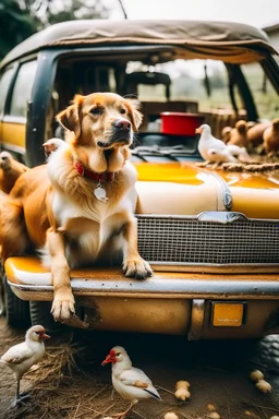 Perro en coche atropellando gallinas