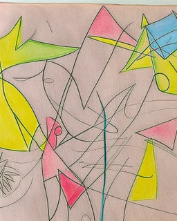 Abstract paul klee painting on pastel paper with sketchy pencil outlines