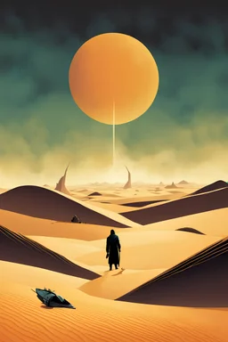 text: "DUNE" book cover art by text: "FRANK HERBERT", digital illustration by Dan Matutina, cover art, rich colors, smooth, sci-fi, artistic