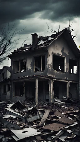 Many gloomily destroyed abandoned houses, gloomy depressing atmosphere, horror, decay