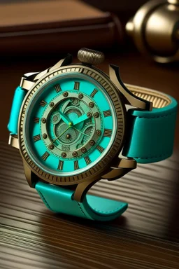 "Craft an image of a mid-journey scenario with a vintage turquoise watch band as a focal point. Infuse the scene with a stable.cog motif, blending the classic and the contemporary in a way that feels authentic and captivating."