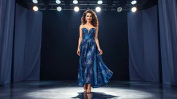very beautiful 1 lady with makeup curvy hair pretty long skirt and bluose with nice jewel patterns high heels, full body standing gracefully in modern stage,dynamic lights