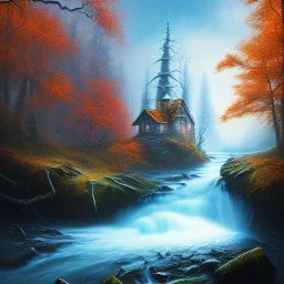 twisted nature troll, spray painted fantasy art, book cover ,autumn icy water