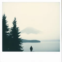 A polaroid photo of a group of fir trees and a high hill in the distance. A lake. Odd dark person. Fog is present.