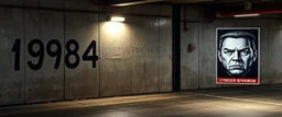 background of wall(wet textured concrete, gray, old, cracked, stained, 1 wall light) from underground parking, hong kong style, a large number "1984" painted on left(old faded paint), cyberpunk, to the right of opening row of posters(blank) ending with a larger poster(tightly cropped face, scornful, staring, dictator, from 1984)