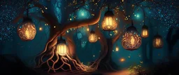 magical tree with lanterns in a magic forest, can be used as a backgroud