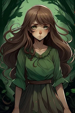 Cartoony, teenage girl, long, wawy, brown hair, green dress, gray eyes, very evil, dark magic
