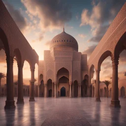 Hyper Realistic Beautiful Moorish Architecture at cloudy sunset showing dramatic & cinematic ambiance