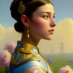 (painting of girl from behind looking a fleet of imperial ships in the sky, in a meadow of flowers.) trending on Artstation by Karol Bak cinematic lighting trending on cgsociety 4k anato finnstark cinematic Artgerm Ilya Kuvshinov Detailed Norman Rockwell Cool by Eddie Mendoza full body posing ((painting canvas fine art)) (fantasy art) ((digital art)) (digital illustration) agfacolor low coloration Anges Cecile