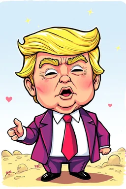A detailed illustration of a print of a vivid chibi Donald Trump ,