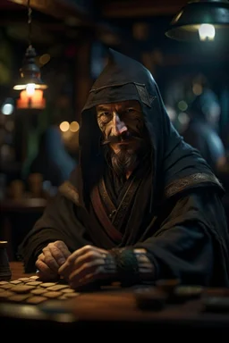 portrait of shady thief ninja card game in an english style tavern, in the style of fantasy movies, photorealistic, shot on Hasselblad h6d-400c, zeiss prime lens, bokeh like f/0.8, tilt-shift lens 8k, high detail, smooth render, unreal engine 5, cinema 4d, HDR, dust effect, vivid colors