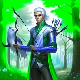 Please create an image for a young elven male with light brown skin, silver hair, and green eyes. He is standing outside in the forest during springtime, wearing leather armor and wielding a large crossbow. He is accompanied by a small mechanical bird, a walking suit of armor, and an owl