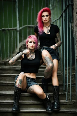 A portrait of two attractive, drunk young Italian punk girls having a romantic relationship. Photo taken on the street of Rome on Spanish stairs. Black shirt, short skirt, heavy boots, a lot of tattoos and piercings, coloured hairs, provocative pose, taken by Canon 5 and boke lens