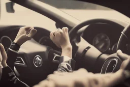 Man in suit, sitting at the wheel of his car, looking exhausted, tie untied, chin thinning