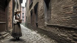 A narrow street with a stone wall on one side and a brick building on the other. The street looks old and dilapidated, with peeling paint and crumbling walls. On the right side of the picture, there is a statue of a woman with long hair, wearing a long dress and a hat, standing on a pedestal. She holds a book in her hands and looks down at the ground. In the background, there are other statues and buildings. The sky is overcast and the overall mood of the photograph is gloomy.