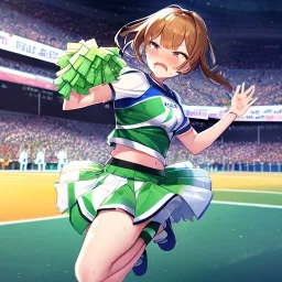 Clear focus,High resolution,High quality, An anime girl, cheerleader, jumping, sweating