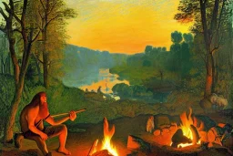 neanderthal holding a club, cave, bear, campfire, stone age, Impressionism, masterpiece, mellow, dawn,