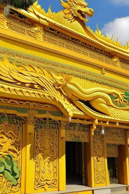 A golden yellow temple with a mythical dragon painted by Frank Lloyd Wright