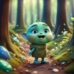 a very little Cute Figure lives in a fantasy world, with cute face, collects trash in the forest, pixar, disney style