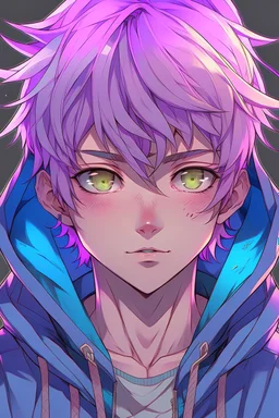 An anime man with messy short pink hair and narrow blue eyes wearing a hooded jacket Realistic.