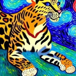 Dibujo al oleo de un leopardo pintado con muchas nubes de colores estilo Vincent van Gogh