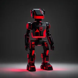 black and red neon geometric bipedal robot with a plus sign shape for the 'eye' in a black monochrome world