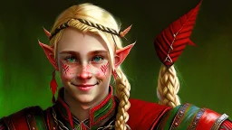 A young elf with blond hair in a single braid, green eyes and a small smile. He is dressed in an artist's costume mixing red and black as the main color.
