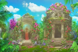 Lilith, Goddess, tropical flowers, heart chamber, crystals, tropical leaves, sacred altar, old temple. fantasy house, blue sky with puffy clouds