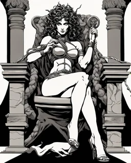 full-length, detailed persona, sword in hand, gorgon medusa, sitting on a throne in a relaxed pose