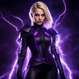 full body portrait of an attractive youthful female sith with blonde hair, black and purple clothing, dark eyeshadow, dark eyeliner, surrounded by crackling electricity, video game character