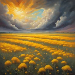 surreal fields of color, oil on canvas, endless warm fields full of golden yarrow under the sun, surreal thunder clouds --v 6.0 --style raw